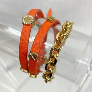 Henri Bendel Leather Wrap Bracelet orange gold studs